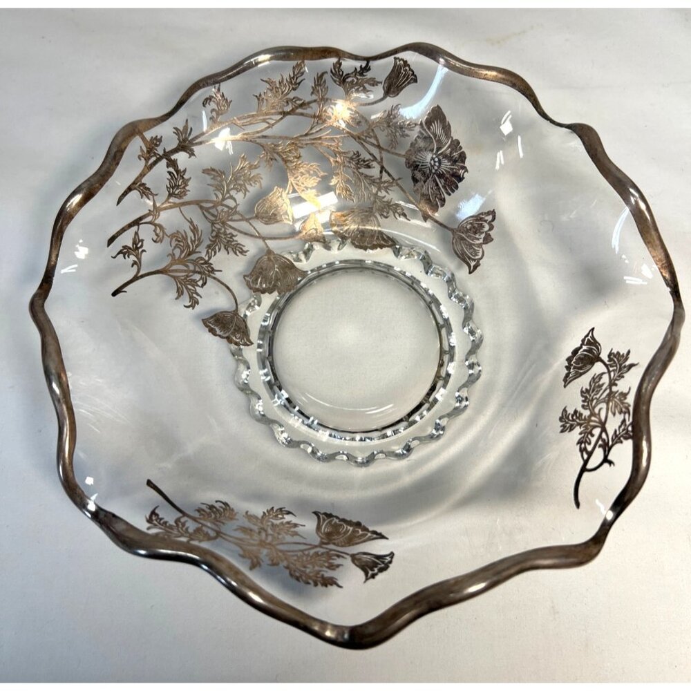Vintage Clear Glass Bowl With Gold Overlay Floral Design & Scalloped Edge